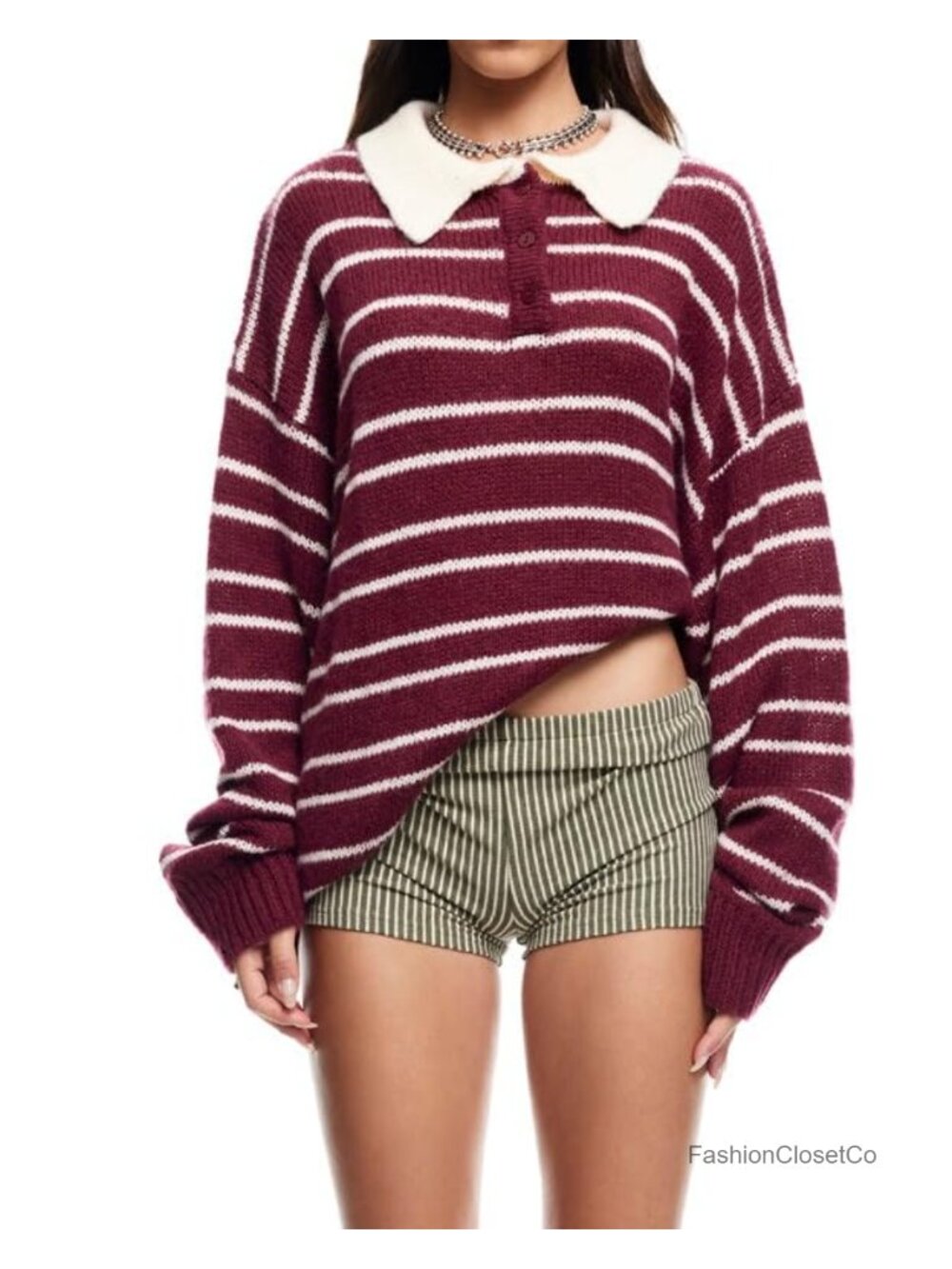Striped Rugby Polo Shirt Long Sleeve V Neck Oversized Pullover Sweater - Picture 3 of 5